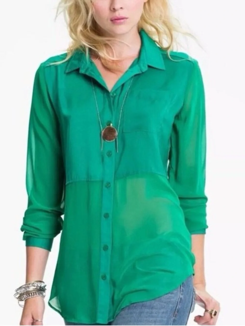 Free People Green Semi-Sheer Long Sleeve Button Down Shirt Medium